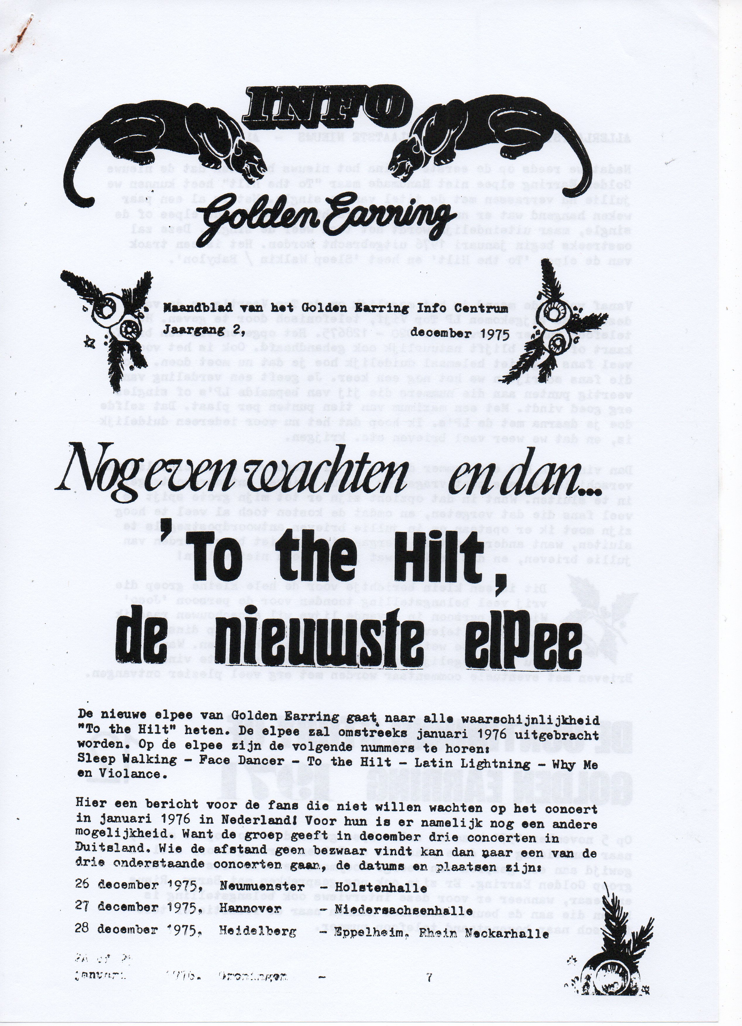 Golden Earring Fanzine 1975-12 page 1 December 28 1975 with Golden Earring tourdate Heidelberg - Eppelheim (Germany)